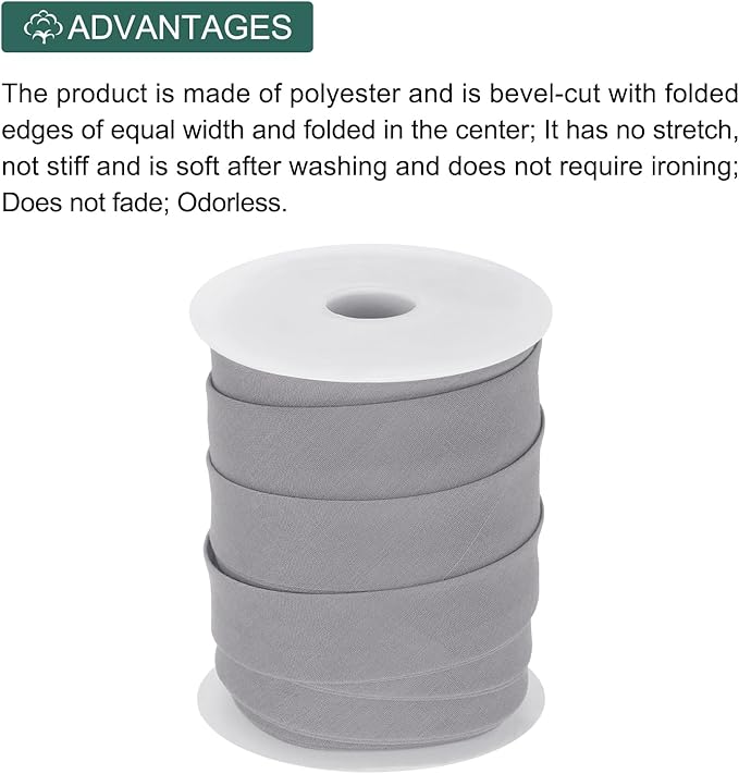 MECCANIXITY 1 Inch Double Fold Bias Tape Polyester Continuous Bulk Bias Tape for Sewing,Seaming Quilting Hemming Binding Crafts (Grey 25 Yards)