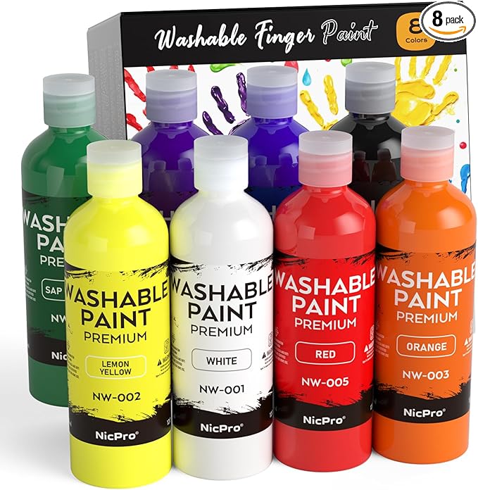 Nicpro 8 Colors Washable Finger Paint Set for Kid (4 oz), Non-Toxic Finger Painting Art Supplies for Toddlers Age 1-3 4 5 6+, Tempera Kids Paint for Craft DIY, Poster, School, Home, Classroom, Party