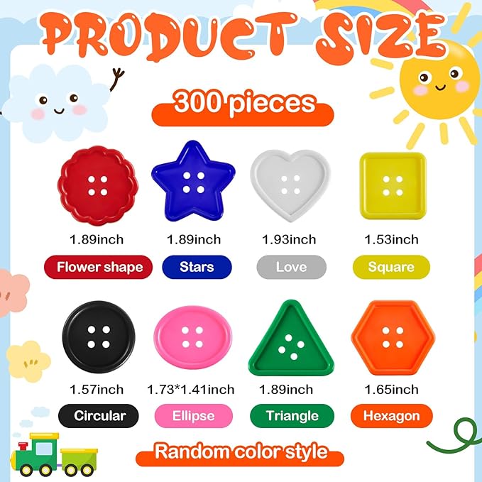 Taiyin 300 Pieces Big Bright Buttons for Kids 8 Vivid Colors and 8 Large Shapes for Crochet Knitting Arts and Crafts Projects Hand Made Gifts