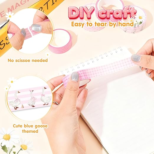 Laffact Pink Goose Washi Tapes - 12Rolls Pink Watercolor Coquette Bow Silly Goose Plaid Decoration Tape Set, Wrapping Paper Tape for Scrapbook Journal DIY Art Craft for Baby Shower Party Birthday Gift