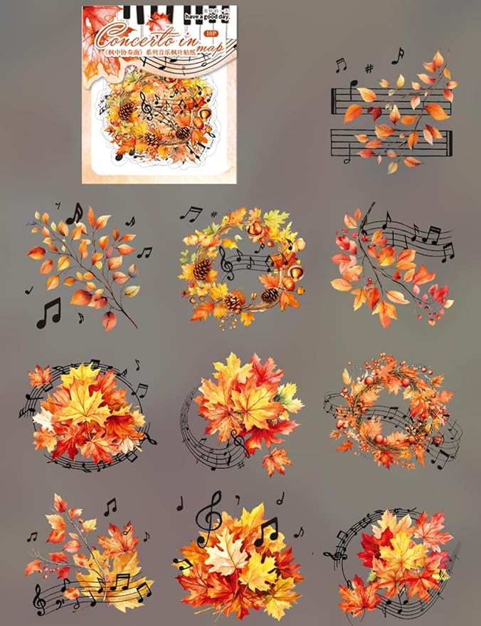 MAFELOE Scrapbook Stickers of 10 Pieces, PET Aesthetic Deco Stickers Journaling Supplies for Junk Bullet Bottles Laptop- Maple Leaf&Music Series-C