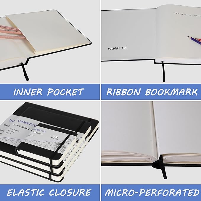 VANRTTO Hardcover Square Sketch Book, 120lb/200GSM Sketchbook Thick Drawing Paper for Marker Watercolor Mixed Media, Drawing Notebook, Art Journal, 60 Sheets/120 Pages 4.5x4.5 Inch Sketch Pad 2 Pack