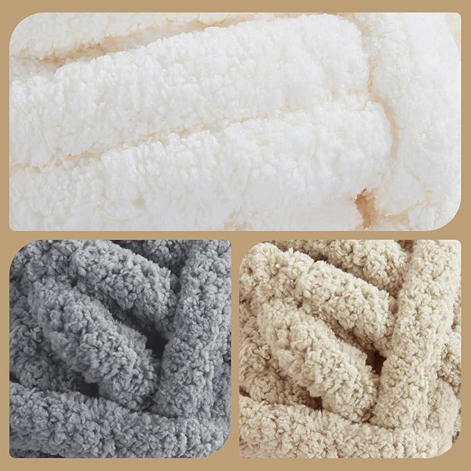 HOMBYS 12 Pack Chunky Yarn for Crocheting,Super Bulky Large Soft Fluffy Yarn,Plush Fuzzy Yarn,Thick Chenille Yarn for Hand Knitting/Arm Knitting,4 Cream,4 Light Grey,4 Khaki(Each 27yds,8 oz)