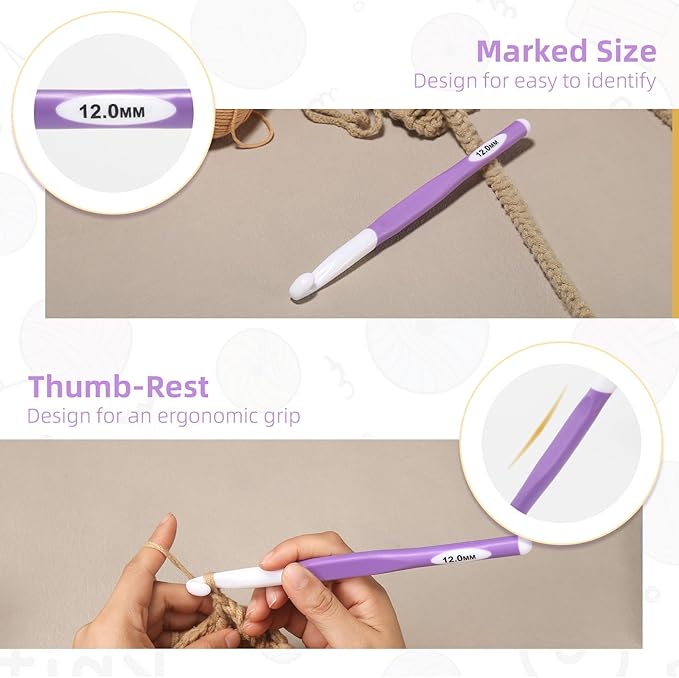 12mm Large Crochet Hook,Ergonomic Crochet Needle for Arthritic Hands, Extra Long Rubber Handle Crochet Hooks for Knitting Sweaters, Shawls and Carpets