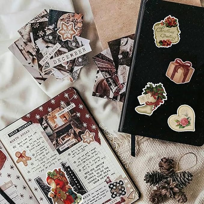 100 Pcs Christmas Stickers Non-Repeating Retro Santa Claus Stickers Christmas Decoration,Waterproof Holiday Sticker for Scrapbook,Cards,Junk Journals, Laptop,Water Bottles (Santa 100 Pcs)