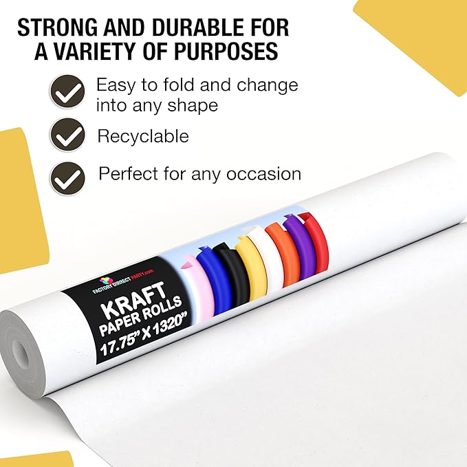 White Kraft Paper Roll 17.75"" X 1320"" (110' Ft) Colored Paper Roll - Kraft Wrapping Paper Perfect as Shipping Paper - Packing Paper Roll - Craft Supplies - Craft Paper Roll by Crown Display, 22323