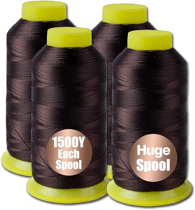 4Pcs Brown Nylon Thread for Sewing,210d/3 Upholstery Thread Heavy Duty,4 Cone of 1500 Yards Each Leather, Weave Needle,Serger Overlock Machine for Sewing Hair