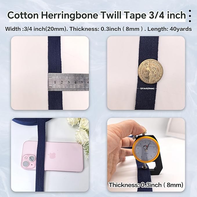 40 Yards Herringbone Twill Tape for Sewing,Pet Collar,Gift Wrapping Home Deco -3/4 inch Navy Blue Cotton Webbing Straps-Natural Bias Binding Tape for Handles, Crafting & DIY Projects