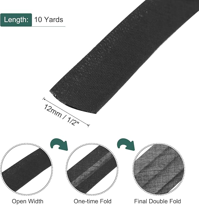MECCANIXITY 1/2 Inch Double Fold Bias Tape Polyester Continuous Bulk Bias Tape for Sewing,Seaming Quilting Hemming Binding Crafts (Black 10 Yards)