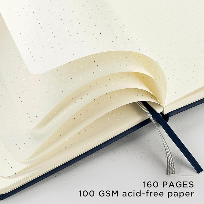 &And Per Se Dotted Journal Notebook, A5 Hardcover Leather Bullet Dotted Journal, 160 Pages 100 gsm Thick Paper, 3 Sheets of Stickers Included - 5.7'' x 8'' (Dark Blue)