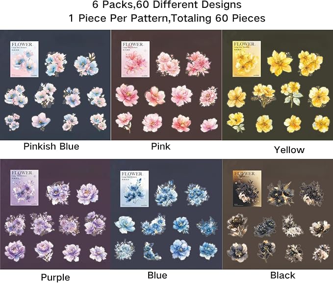 60pcs Watercolor Flower Stickers, PET Transparent Gold Foil Floral Scrapbooking Supplies, Vintage Floral Decals for Journaling, Card Making, DIY Crafts, Planners, Collage, Albums