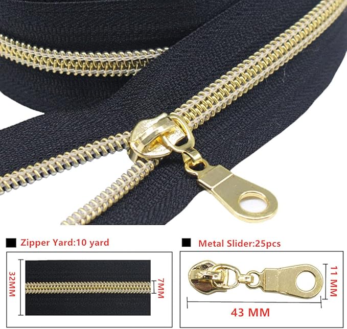 MebuZip #5 Gold Metallic Nylon Coil Zippers by The Yard Bulk Coil Zipper Roll 10 Yards with 25pcs Pulls for DIY Sewing Craft Bags (Black)
