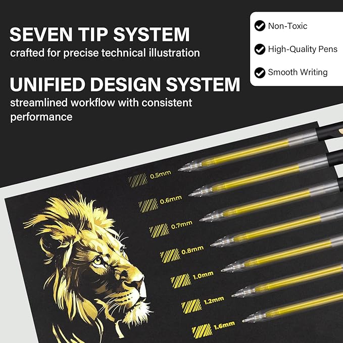 Retractable Gold Gel Pen, 7 Nib Sizes - Precision Large Capacity Opaque Gold Archival Gel Ink Pens, Fine Point Smooth Writing Highlighter Pens for Black Paper Note Taking Aesthetic Art Supplies