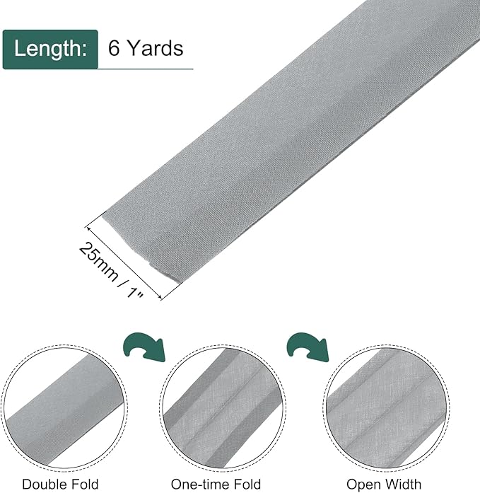 MECCANIXITY 1 Inch Double Fold Bias Tape Continuous Bulk Cotton Bias Tape for Sewing Seaming Quilting Hemming Binding Crafts (White Gray 6 Yards)