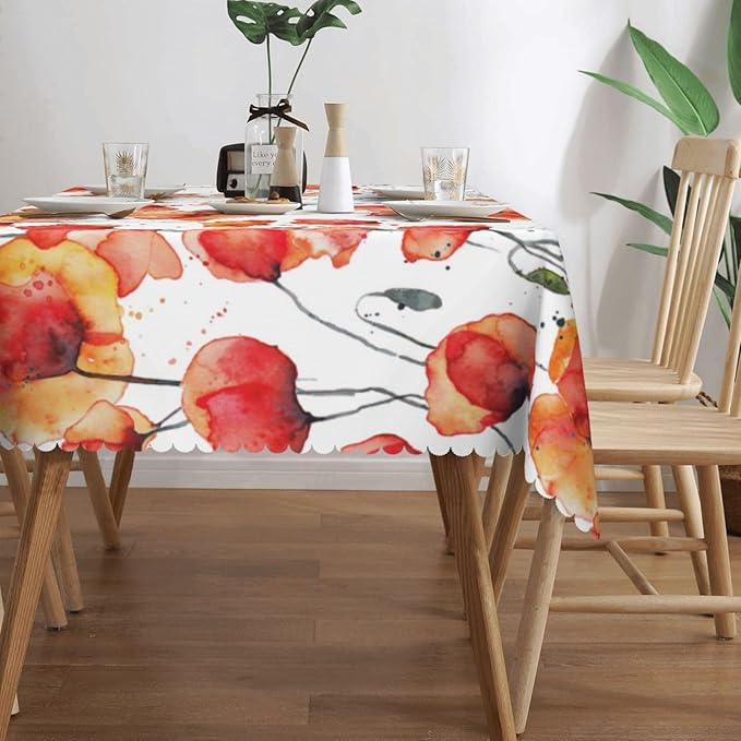 Red Orange Poppies Rectangle Tablecloth Watercolor Poppy Wild Flowers Table Cloth Dining Table Cover for Home Kitchen Restaurant Party Buffet Picnic 54 x 72 Inch
