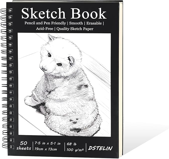 DSTELIN 7.5 x 5.1 Inch Sketch Book, 50 Sheets,100gsm, Spiral Bound Black Hardcover with Dog Cover, Ideal for Sketching and Drawing