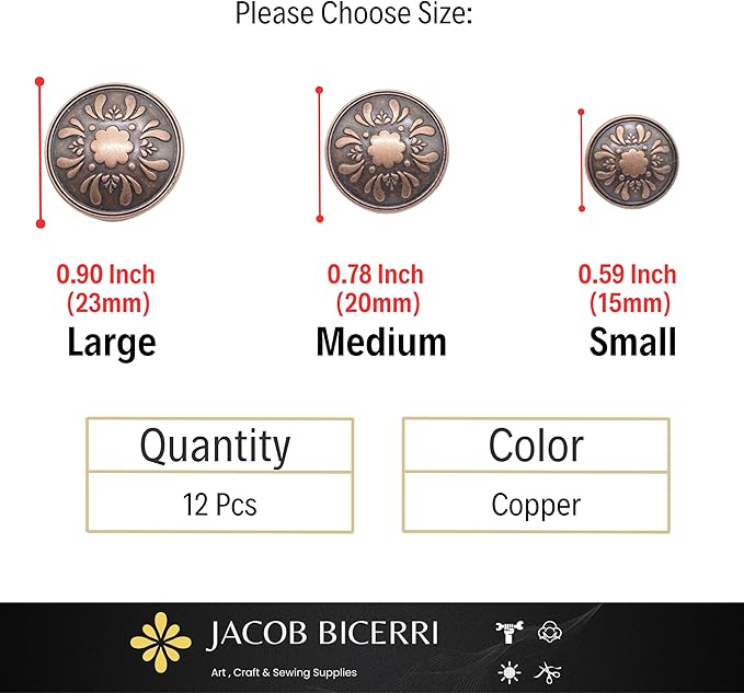 Antique Copper Metal Shank Buttons - 12 Pcs - 3 Size Options - Floral Round Metal Shank Buttons Vintage for Men Women Blazer Coat Uniform Shirt Suit and Jacket Sewing Craft DIY N21502