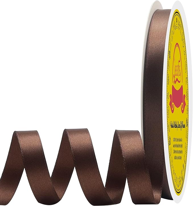 Double Face Brown Satin Ribbon 3/8 inch X50 Yards Polyester Brown Ribbon for Gift Wrapping Very Suitable for Weddings Party Invitation Decorations and More