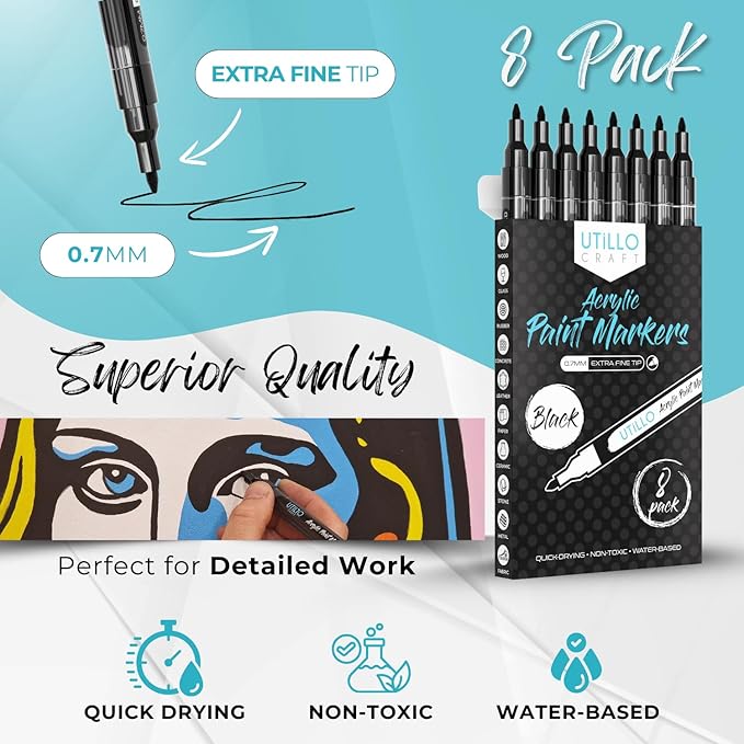 Utillo Craft Black Paint Pen (8-Pack) for Rock Painting, Wood, Glass, Tire, Canvas, Metal, Fabric | Extra Fine 0.7mm Tip Made in Japan | Bold Color Acrylic Black Paint Markers | Perfect Art DIY Gift