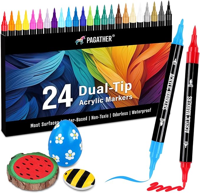 24 Colors Acrylic Paint Markers, Dual Tip with Fine Tip and Brush Tip Pens for Stone, Wood, Calligraphy, Canvas, Ceramic, Metal, Glass, Rock Painting, DIY Crafts