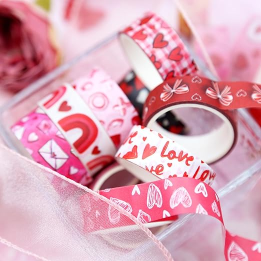 Valentine's Day Washi Tape Set - 16 Rolls Pink & Red Decorative Tape for Love Letters, Journals & Gifts (0.6" x 10 ft) - Hearts, XOXO, Love, Candy, Rainbows, Love Letters