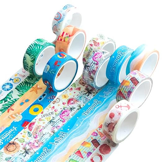 Summer Washi Tape Set 10 Rolls - Beach Ice Cream Masking Decorative Tape for Bullet Journal, Planner, DIY Arts Crafts, Scrapbooking Party Favors ﻿ (Summer)