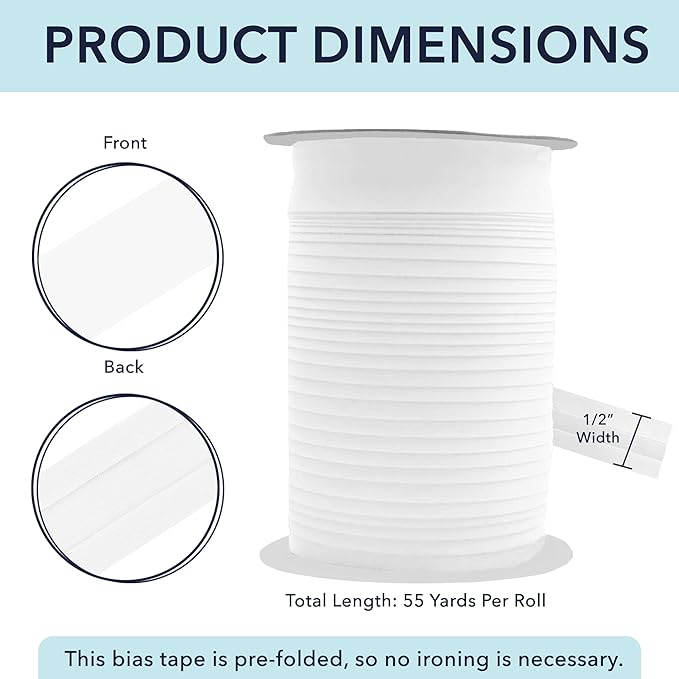 Mandala Crafts 1/2 Inch Single Fold Bias Tape for Sewing, Quilting, Piping, Hemming, Blanket & Quilt Binding – 55 Yards White Fabric Seam Binding Tape