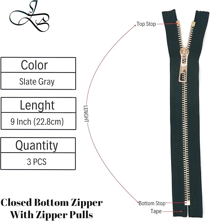 #5 Gold Metal Zipper - 50+ Colors - 3 PCS - (4-14 inches) Sizes - Luxury Lightweight Handcraft Metal Zippers with pulls for Purses Bags Pockets Shoes Sewing & Crafts DIY ZP02539