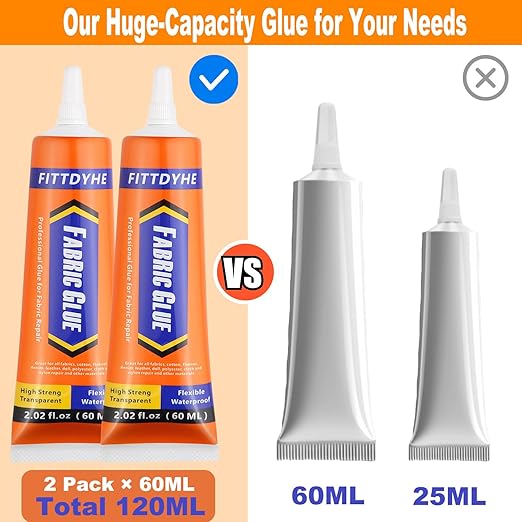 2 Pack Fabric Glue Permanent, 60ML/2.02oz Washable Clear Clothing Glue, Super Fabric Adhesive for Rhinestones, Patches, Clothes, Denim, Leather, Polyester, Fabrics, Doll Repair, Flannel, Cotton