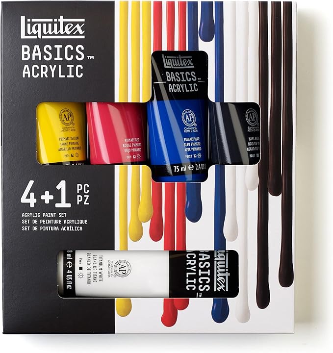 Liquitex BASICS Acrylic Paint Set, 4 x 75ml (2.4-oz), 1 x 118ml (4-oz) Essentials Paint Set