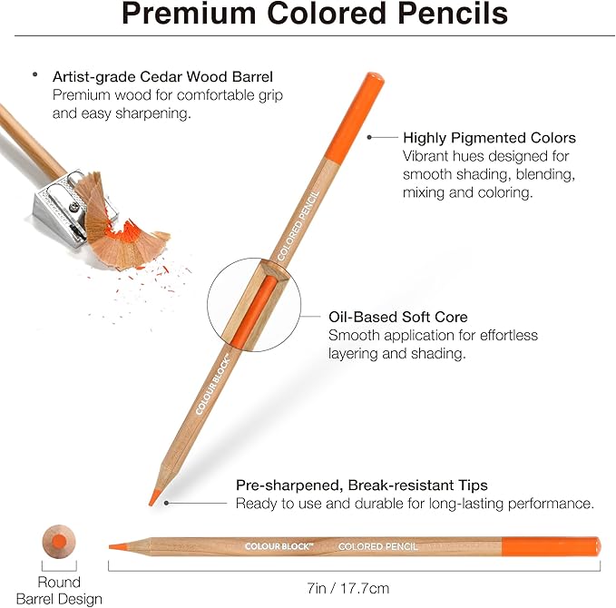 COLOUR BLOCK Colored Pencil Set - 24 Piece, Premium Cedar Handle Drawing Pencils, Vinyl Eraser, Sharpener, Tin Storage Box