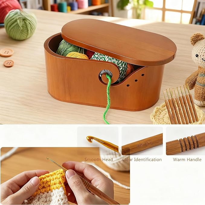 Large Oval Wooden Yarn Bowl Set – Portable Crochet Bowl with 9 Knitting Hooks + 5 Hooks + Yarn Ball, Complete Holiday Gift for Beginners & Enthusiasts Mother's Day gift