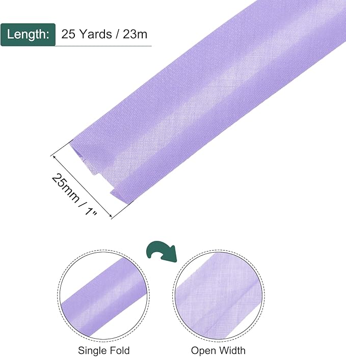 MECCANIXITY 1 Inch Single Fold Bias Tape Polyester Continuous Bulk Bias Tape for Sewing, Seaming Quilting Hemming Binding Crafts (Light Purple 25 Yards)