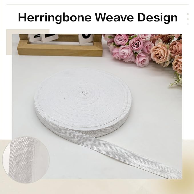 White Herringbone Twill Tape Ribbon 3/4 inch for Sewing,Ties,Gift Wrapping Home Deco - 40 Yards Natural Fabric Cotton Webbing Straps- Bias Binding Tape for Handles, Hoodie, DIY Crafts &Projects