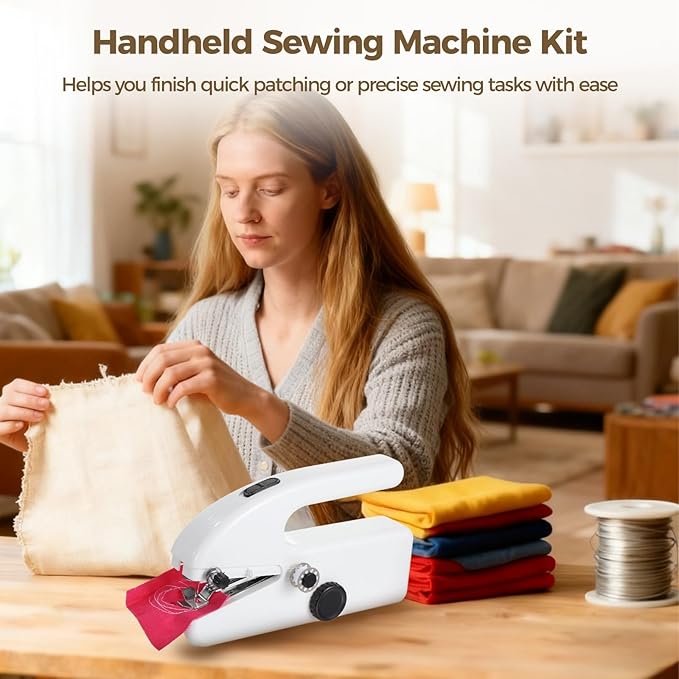 Portable Handheld Sewing Machine Kit - Mini Electric Stitching Machine Hand Held for Beginners, Dual Speeds, USB or Battery Powered, Complete Set with Accessories, DIY Repairs on Clothes, Fabrics