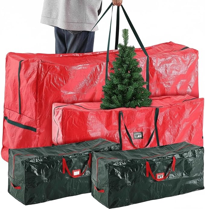 Amylove 4 Pcs Large Christmas Tree Storage Bags Heavy Duty Xmas Zippered Bags Bulk Waterproof Plastic Christmas Tree Container with Carry Handles(12 Ft/ 7.5 Ft/ 4.5 ft,Red/Green)