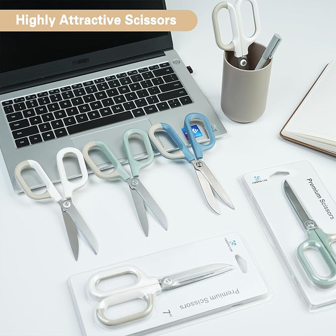 White Office Scissors with Comfort-Grip Handles, Cute scissors, Sharp Craft Scissors for DIY Art, Sewing, Fabric, Student, Teacher, and Home Use(7", White-2Pack)