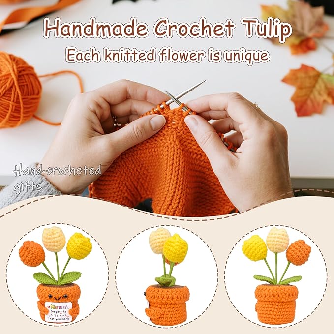 Positive Crochet Tulip Flower, Handmade Emotional Support Knitted Tulip Flowers Inspirational Gift for Women - Thank You, Appreciation, Positive Gift for Teacher, Mom, Friend, Coworker
