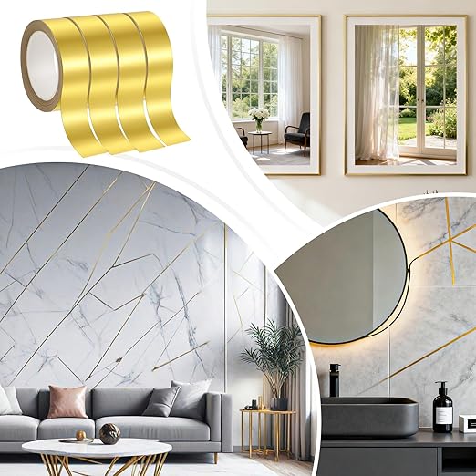 6rolls Washi Tape Gold, Gold Foil Tape Metallic, Adhesive Gold Tapes for Tv Frame, Gold Foil Washi Tapes for Wall Mirror Decor Crafts Christmas Gift Wrapping (10m/roll)