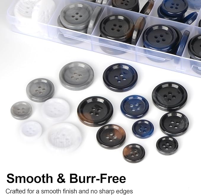 110Pcs Mixed Sewing Buttons, 4-Hole Craft Round, 5 Color 3 Size(15mm,20mm,25mm) Suit Coats Blazer Resin Button, Suitable for Variety Clothing Sewing, DIY Craft (White,Grey, Brown,Blue, Black)