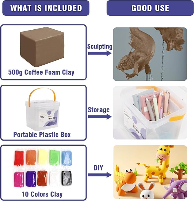 SELEAD Foam Clay Coffee 500g - Moldable Air Dry Ultra-Light Modeling Clays for Adult Cosplay, Sculpting, Arts & Crafts - with 80g Colored Clay