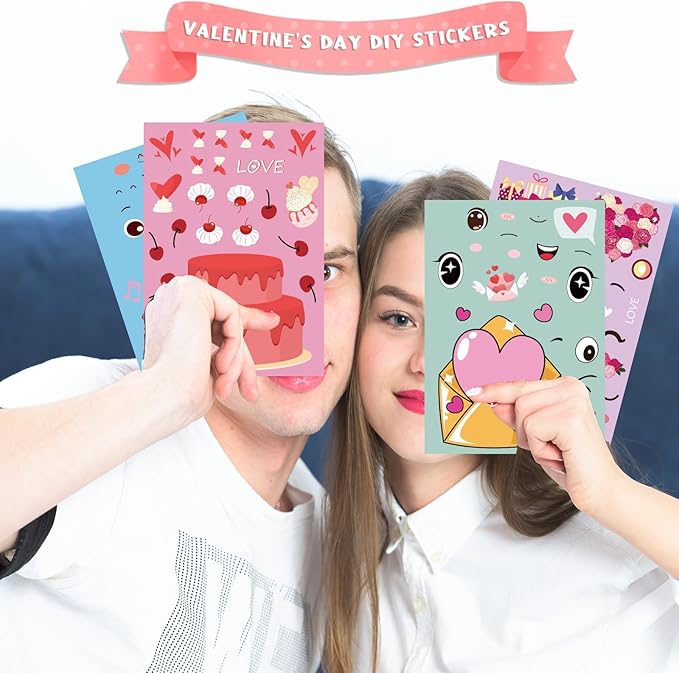 XZENTIRA 32 PCS Valentines Day DIY Stickers 8 Designs Holiday Stickers for DIY Valentines Day Crafts Party Gifts Galentines Decorations