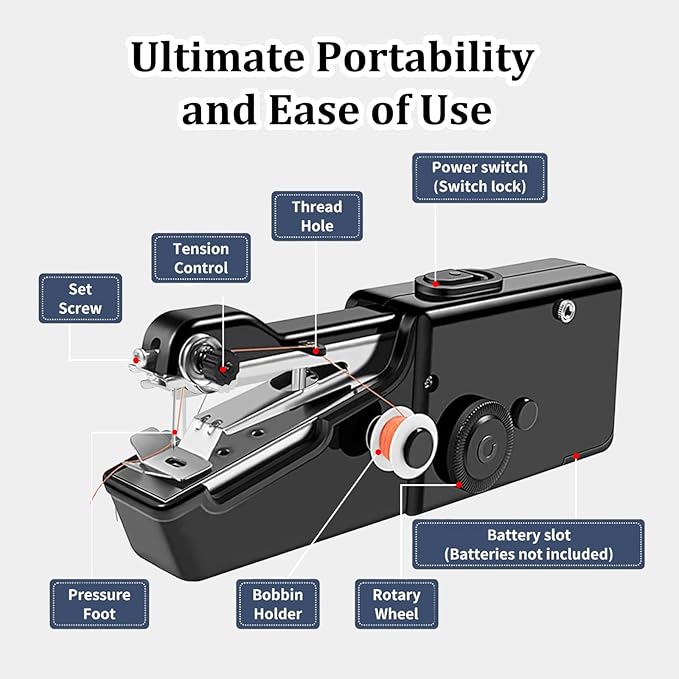 Handheld Sewing Machine, Portable and Easy-to-Use Mini Sewing Machine, Battery and USB Operated, Ideal for Beginners and Home Use - Black