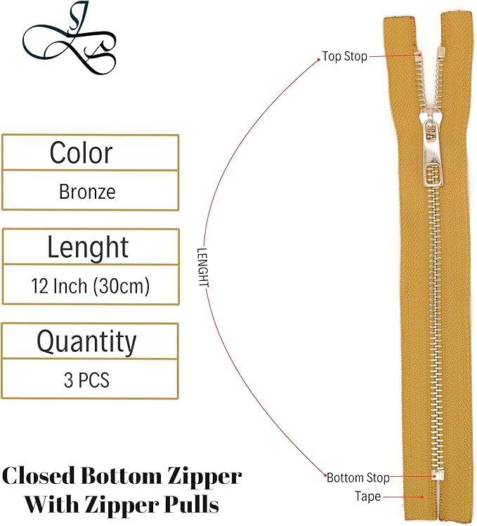 #5 Gold Metal Zipper - 50+ Colors - 3 PCS - (4-14 inches) Sizes - Luxury Lightweight Handcraft Metal Zippers with pulls for Purses Bags Pockets Shoes Sewing & Crafts DIY ZP021312