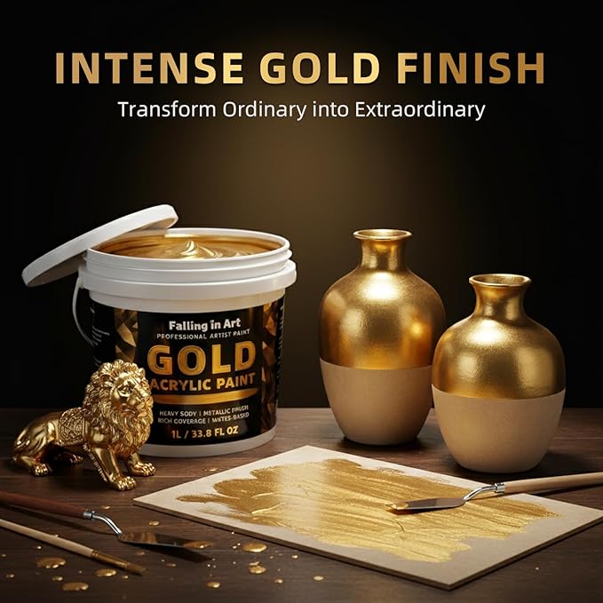 Falling in Art Gold Metallic Acrylic Paint, 33.8 Oz Heavy Body Gold Leaf Paint, Non-Toxic Art Paints for Metal, Furniture, Canvas, and DIY Crafts