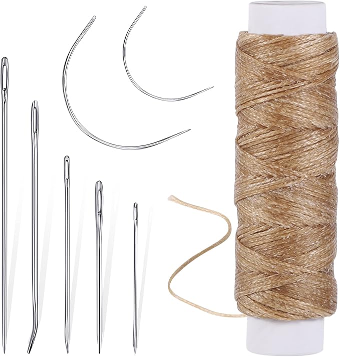 55Yards Waxed Thread with 7 Pcs Leather Needles for Hand Sewing 150D Flat Waxed Thread - Leather Repair Needles for Upholstery, Canvas Bags, Sofa Furniture (Khaki)