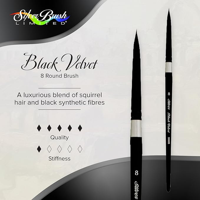 Silver Brush Limited 3000S-8 Black Velvet Round Paintbrush for Watercolor, Gouache, Inks, & Dyes, Size 8, Short Handle
