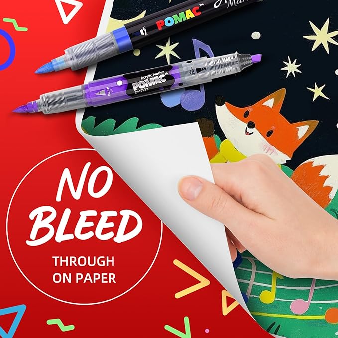 POMAC Dual Tip Acrylic Paint Markers Pens 12 Assorted Colors, Direct Liquid Acrylic Marker with Brush & Chisel Tip, Water-Based Paint Marker for Fabric, Canvas, Rock, Glass, Wood, Crafts, Art Supplies