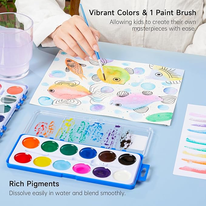 Shuttle Art 30 Pack Watercolor Paint Set Bulk, 12 Colors Watercolor Paint Set bulk with Paint Brushes for Kids and Adults, Washable Paint for Classroom, Parties, Kindergarten and Art Activities