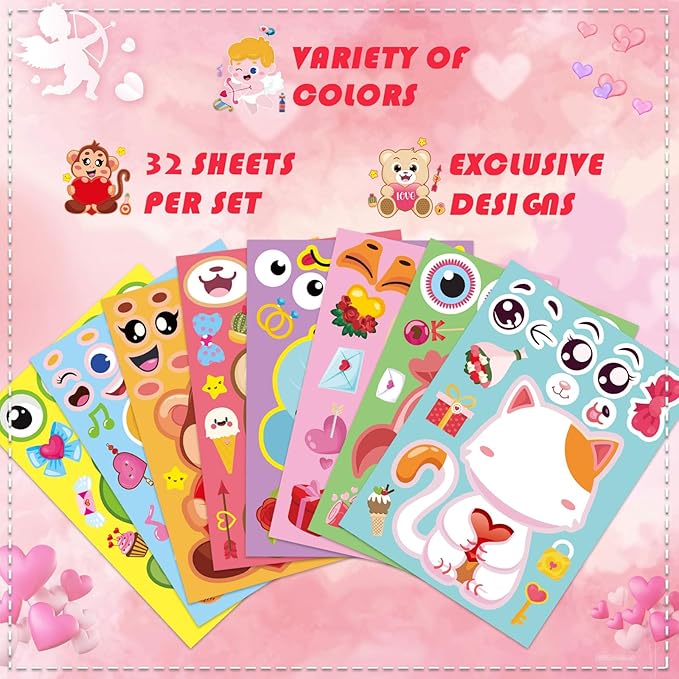 32 Sheets Valentine Stickers for Kids, Valentine' s Day Make a Face Stickers, Make Your Own Valentine Stickers 8 Designs of Animal Little Angel Sticker, Valentines Crafts Love Heart Sticker